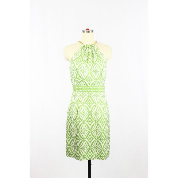 MILLY White Green Geometric Print Silk Twill Chain Halter Sheath Dress, Size 2 - Picture 1 of 14